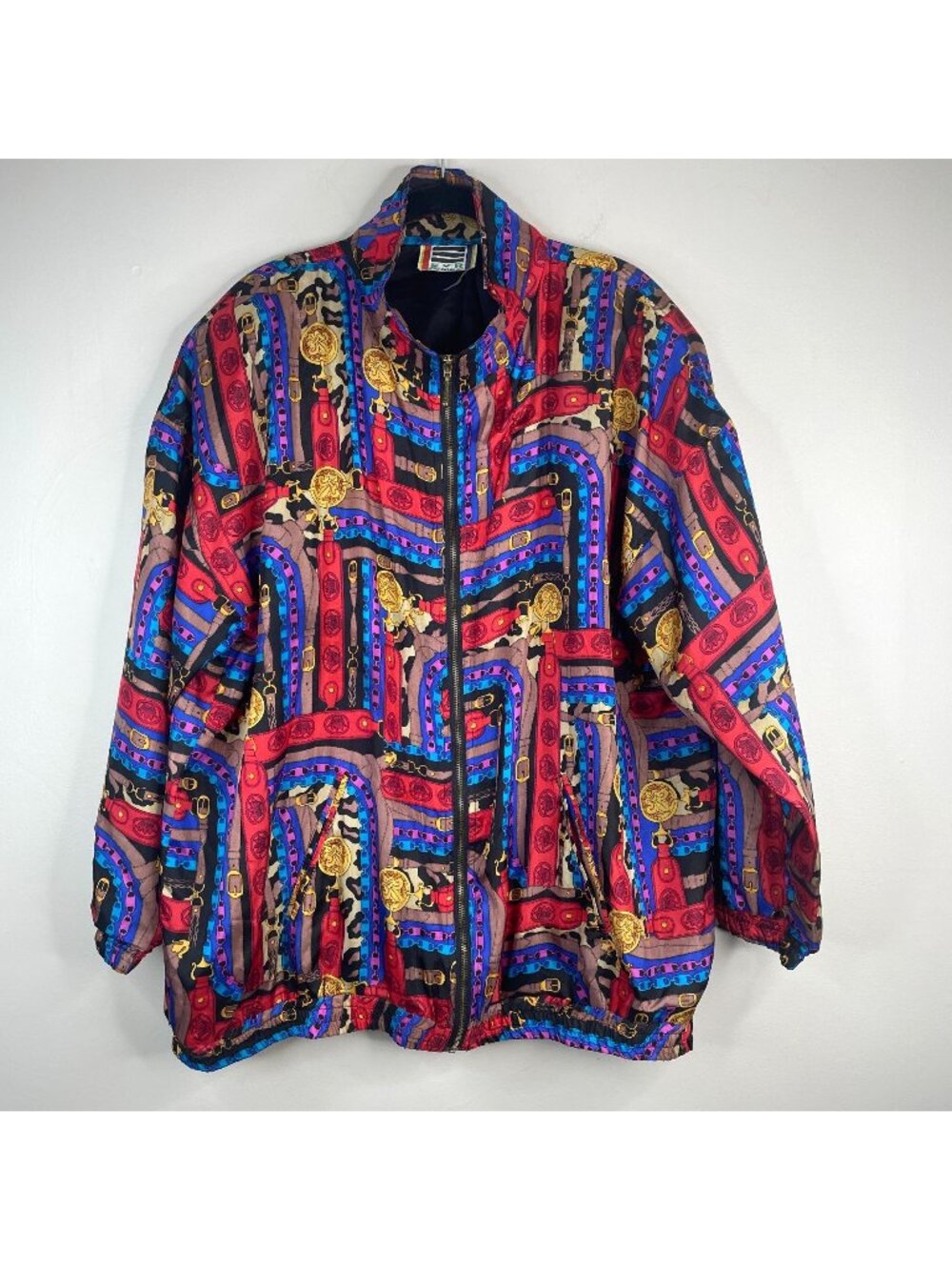 Vintage Bomber Jacket 1X Retro Silk 80s 90s Fresh Prince Baggy Urban Chain Print